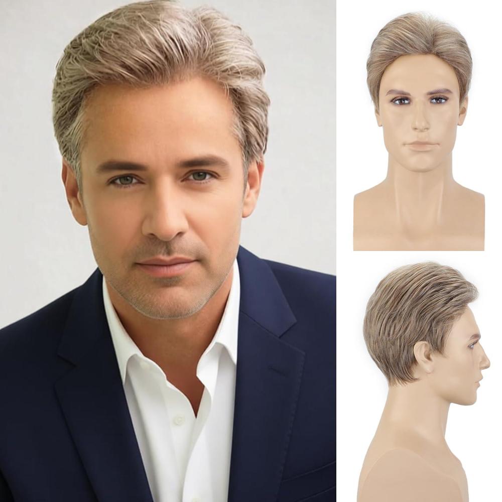 imageSEVENCOLORS Mens Wig Short Natural Mocha Brown Wigs for Male Synthetic Hair Costume Halloween Party SlickedBack Wigs