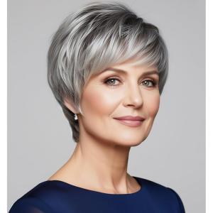 SEVENCOLORS Grey Wigs for Women Layered Pixie Cut Wigs with Bangs Synthetic Natural Hair Short Gray Silver Wig for Older Lady