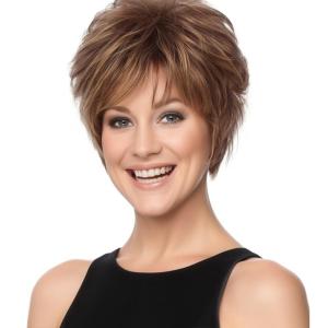 SEVENCOLORS Short Brown Mixed Blonde Wigs for White Women Natural Layered Curly Wig with Bangs Synthetic Short Womens Wigs