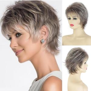 SEVENCOLORS Short Pixie Wavy Wigs for White Women Natural Looking Layered Brown Blonde Highlights Wig Synthetic Hair Womens Wigs